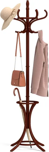 Miniatura 11 de Tangkula Perchero con soporte para paraguas, perchero independiente de 73 pulgadas con 12 ganchos, entrada de madera para ropa, bolsos, sombreros