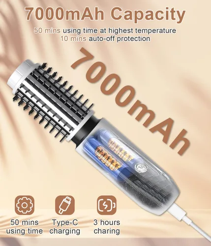 Miniatura 8 de Cepillo de rizador, rizador de pelo inalámbrico de 1.5 pulgadas, cepillo 3 en 1, peine alisador de pelo recargable, cepillo portátil de 7000 mAh
