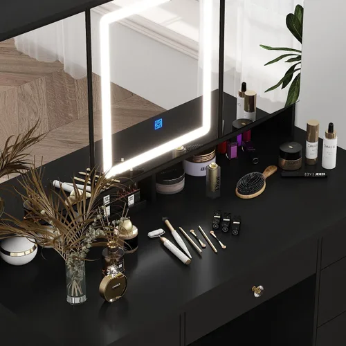 Miniatura 4 de MOUMON Escritorio de tocador de cristal con luces y 9 cajones, escritorio grande de maquillaje con 2 puertas de espejo, mesa de tocador con estantes