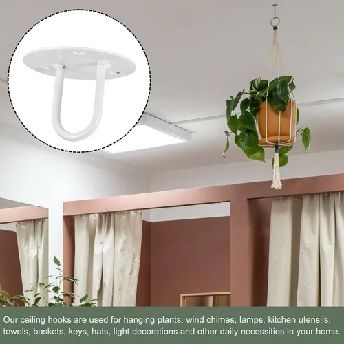 Miniatura 5 de YOKIVE 2 ganchos para colgar en el techo, gancho en forma de U montado en la pared con plantas colgantes de placa redonda, ideal para oficina