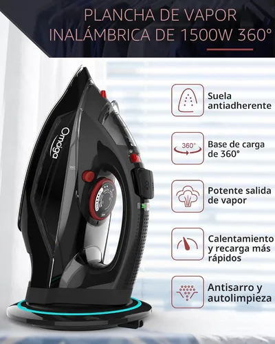 Miniatura 2 de OMAIGA - Plancha inalámbrica para ropa, plancha de vapor de 1500W con calentamiento rápido, suela de cerámica, apagado automático, autolimpieza
