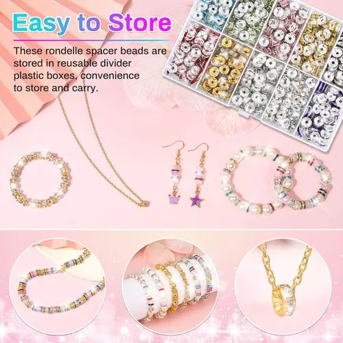 Miniatura 5 de Cuentas espaciadoras redondas para hacer joyas, 600 piezas de cuentas espaciadoras con diamantes de imitación, separadores de cuentas de cristal
