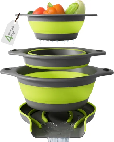 Miniatura 13 de Gevoli Coladores plegables (juego de 3) coladores de alimentos con base de drenaje de agua sobre el fregadero para pasta, frutas y verduras, Blanco