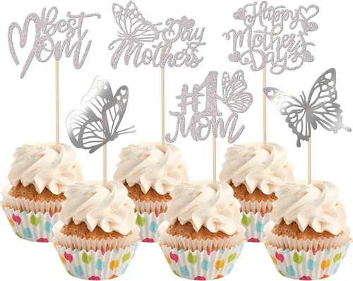 Miniatura 27 de Rsstarxi Paquete de 30 adornos dorados para cupcakes para el Día de la Madre con purpurina para el Día de la Madre, la mejor mamá del mundo