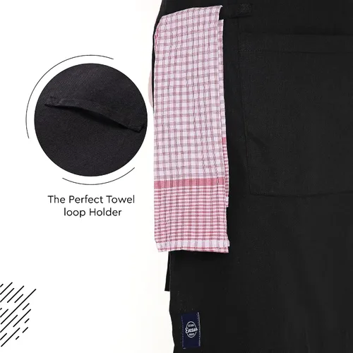 Miniatura 5 de Encasa XO Delantal de algodón ajustable con bolsillos y toallero de tamaño 27 x 33 pulgadas (negro completo) para hombres y mujeres, chefs