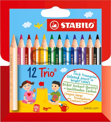 STABILO Lápiz de colorear triangular Trio grueso corto - Paquete de 12 - Colores surtidos
