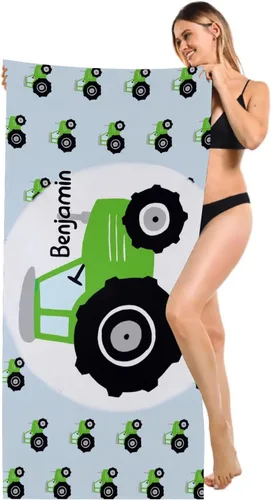 Miniatura 2 de Toalla de playa personalizada con patrón de tractores verdes con alfombrilla de nombre de 30 x 60 pulgadas, manta grande de piscina para mujeres