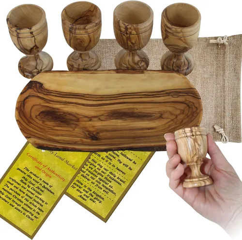 Miniatura 9 de Holy Land Market Juego de tazas y platos de comunión de madera de olivo, juego de comunión tallado a mano en Belén, para adoración de la iglesia