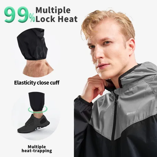 Miniatura 3 de BVVU Traje de sauna para hombre, con cremallera, con capucha, chaqueta de sauna, pantalones, gimnasio, entrenamiento, cuerpo completo
