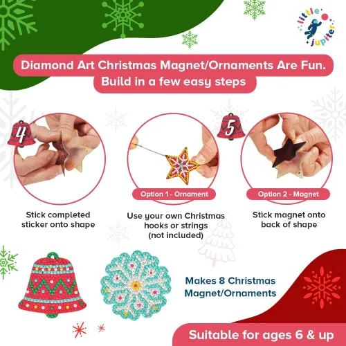 Miniatura 4 de Little Jupiter Juego de adornos de Navidad con imán y diamantes para niños, 16 piezas, manualidades de Navidad para niños, kits de adornos de Navidad