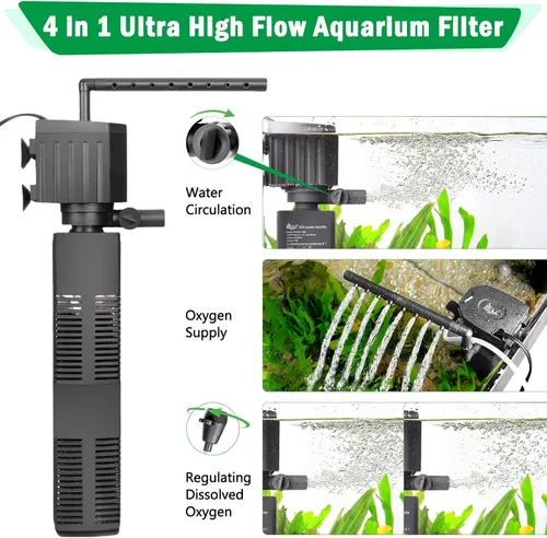 Miniatura 3 de AQQA Filtro de acuario, filtración de 3 etapas, fabricante de ondas ajustables y oxigenador, bomba sumergible silenciosa de 18 W 164 GPH, filtro
