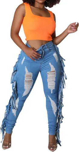 Miniatura 4 de SeNight Pantalones de mezclilla rasgados de cintura alta para mujer