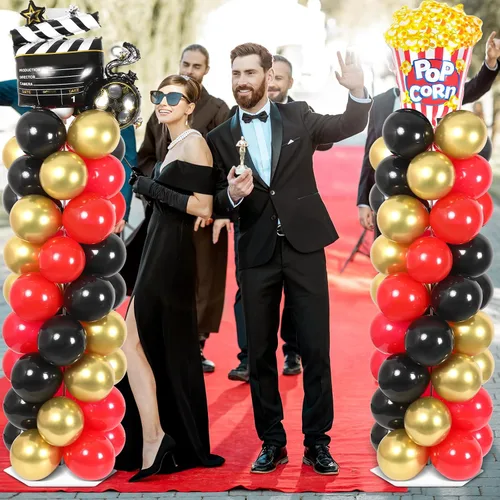 Miniatura 5 de Juego de 2 soportes de columna de globos nocturnos de película con 102 globos de aluminio de palomitas de maíz, soporte de torre ajustable de 5.57