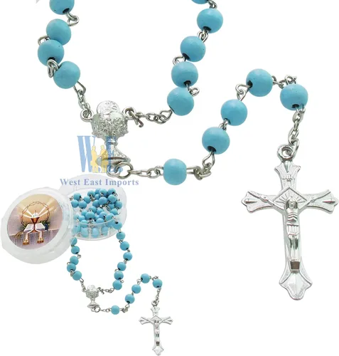 Miniatura 4 de Recuerdo de rosario perfumado para la Primera Comunión – 12 rosarios con caja de regalo individual y bolsa de organza., Madera, No es una piedra