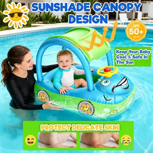 Miniatura 2 de iGeeKid Flotador inflable de piscina para bebé con toldo, asiento de seguridad para bebé, flotadores de natación en forma de automóvil, flotadores