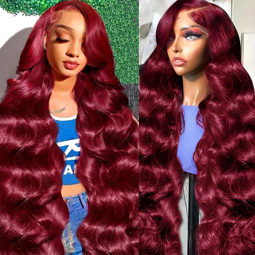 Miniatura 12 de Smabuity Pelucas de cabello humano con encaje frontal color borgoña 99J, peluca de cabello humano rojo burdeos, pelucas de encaje frontal HD de 13 x