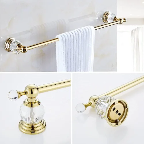 Miniatura 7 de WOLIBEER Accesorios de baño dorados, juego de barra de toalla de cristal de latón, soporte de papel higiénico, toalla, anillo, ganchos para bata, 4