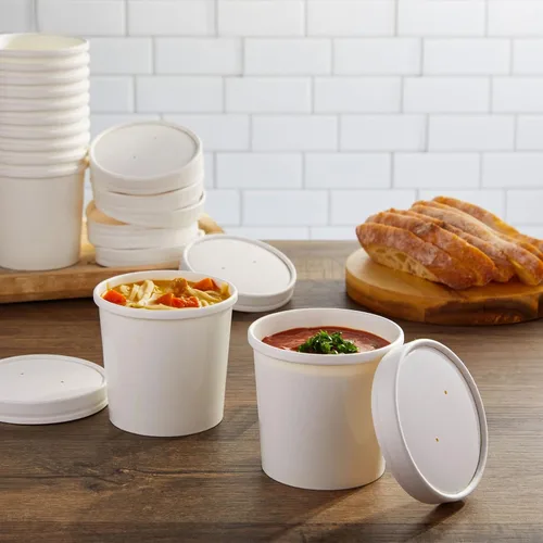 Miniatura 2 de Juvale Recipientes desechables para sopa y helado con tapas, papel blanco de 12 onzas, 50 unidades, cuencos desechables para sopa caliente y tazas
