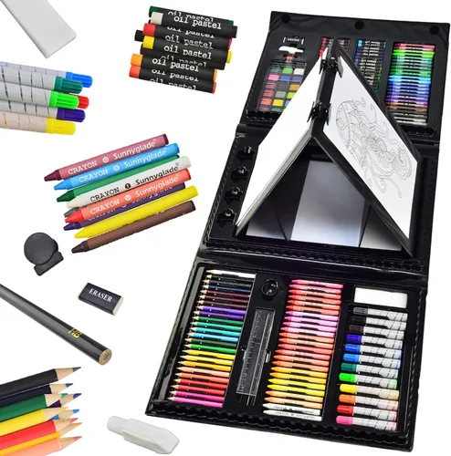 Miniatura 8 de Sunnyglade Juego de Arte de Caballete Tríptico de Doble Cara de 185 Piezas, Caja de Arte de Dibujo con Pasteles al Óleo, Crayones, Lápices de Verde