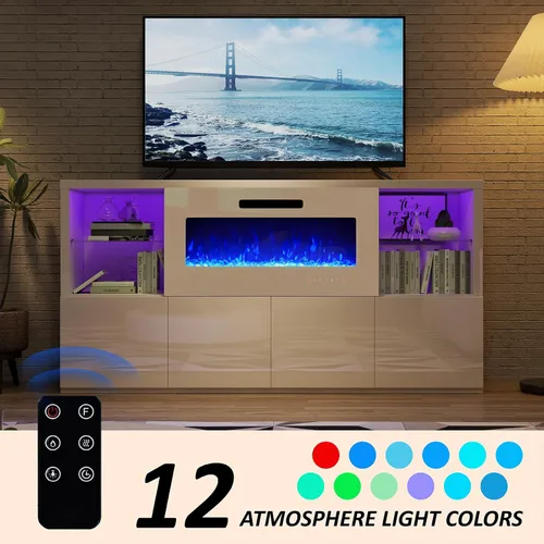 Miniatura 4 de AMERLIFE Soporte de TV con chimenea de 68 pulgadas con chimenea de 40 pulgadas, moderno centro de entretenimiento con chimenea de alto brillo
