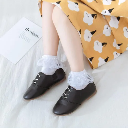 Miniatura 8 de Looching 4 pares de calcetines de princesa de encaje para bebés y niñas pequeñas, calcetines de algodón con volantes sólidos al tobillo