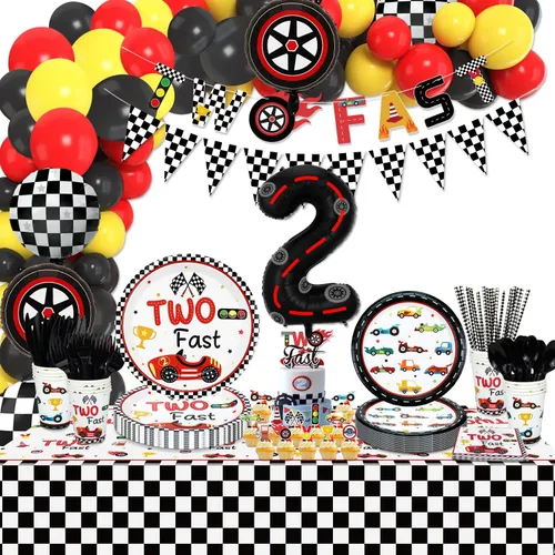245 piezas de decoración de cumpleaños de auto de carreras rápidas: globos de autos de carreras, pancarta, platos, servilletas, vasos, decoración de