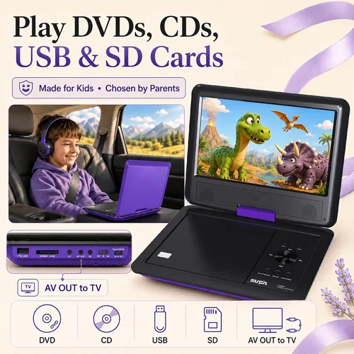 Miniatura 4 de SUNPIN Reproductor de DVD portátil de 11 pulgadas para automóvil y niños con pantalla giratoria HD de 9.5 pulgadas, batería recargable de 5 horas