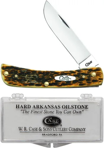 Case XX WR Navaja de bolsillo Sod Buster Jr, mango de hueso ámbar, hojas de acero inoxidable, longitud cerrada: 3 5/8 pulgadas con piedra de afilar