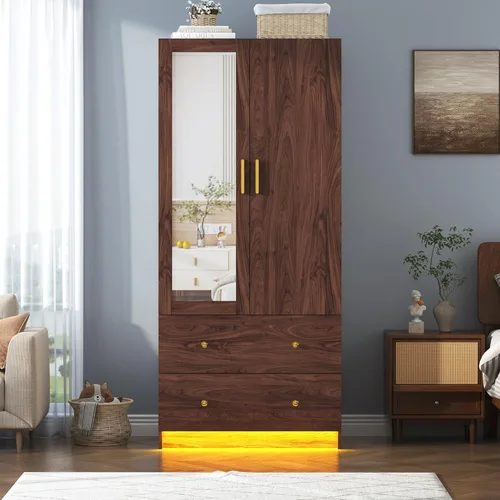 Miniatura 6 de Armario de 3 puertas con espejo, armario LED con puertas y cajones, armario de almacenamiento de madera con barra para colgar, estantes ajustables