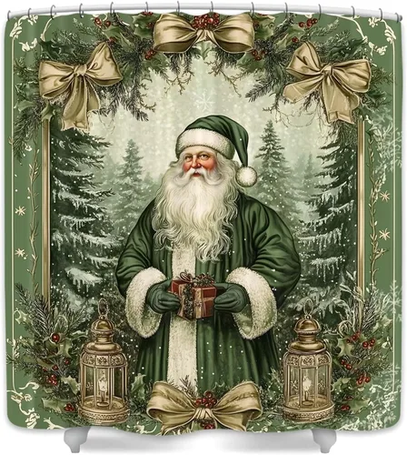 JAWO - Juego de cortina de ducha navideña vintage, lindo conjunto de cortina de ducha retro victoriana de Santa Claus con árbol de Navidad verde,
