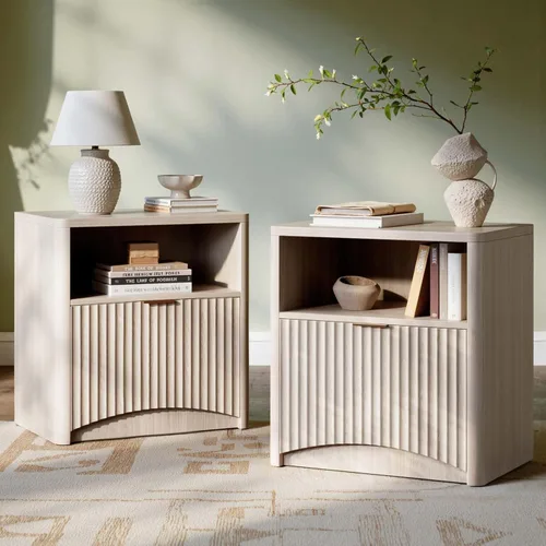 Miniatura 18 de Evermagin Mesita de noche acanalada, mesita de noche de roble natural con cajón y almacenamiento, mesa auxiliar de madera moderna de mediados