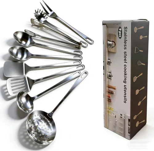Juego de 9 utensilios de cocina de acero inoxidable, herramientas de cocina de metal resistentes al calor, incluye espátula Wok sólida y ranurada,