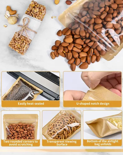 Miniatura 3 de FireKylin 100 bolsas de pie de 3.5 x 5.5 pulgadas, bolsas de papel con ventana frontal transparente, cremallera resellable, almacenamiento de Marrón