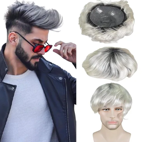 Miniatura 12 de Voloria Postizo humano virgen europeo para hombre tupé ultra transparente piel fina PU piezas de pelo de repuesto 10"x8" tamaño base #21 color rubio