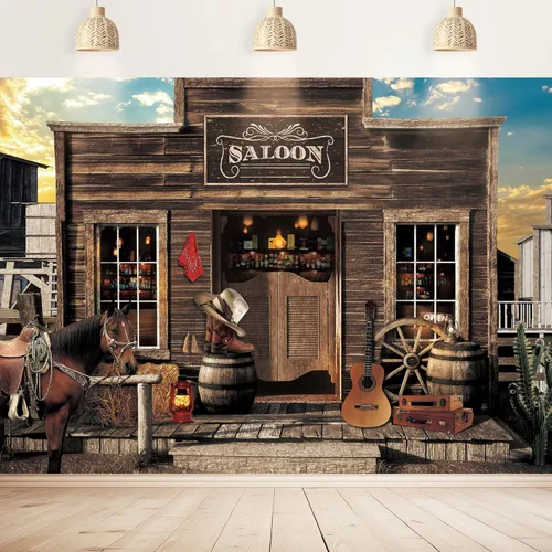 Miniatura 5 de Telón de fondo vintage vaquero occidental 2.1x1.5 m puerta de granero de madera rural para bar de país, salón, caballo, oeste salvaje, tela