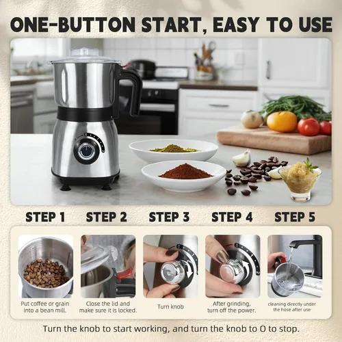 Miniatura 7 de Molinillo de especias eléctrico, molinillo de hierbas y nueces para la cocina, molinillos de espresso desmontables con cuchillas de acero Negro