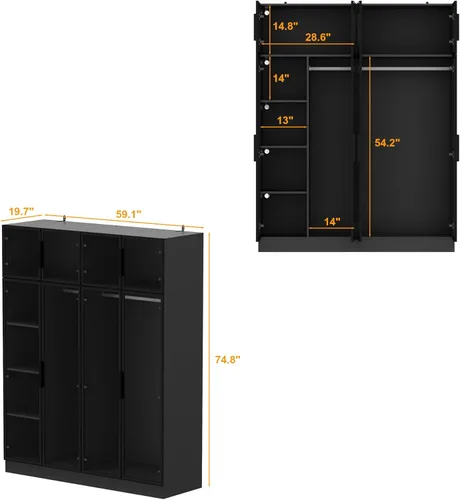Miniatura 2 de Armario de ropa con tiras de luz LED, moderno armario con puertas de vidrio, armario grande de 59.1" de ancho para dormitorio con estante y varillas