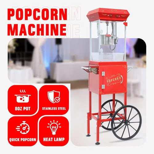 Miniatura 3 de Máquina de palomitas de maíz de 8 onzas con carrito (rojo) - Máquina portátil de palomitas de maíz vintage, control de doble interruptor con 3