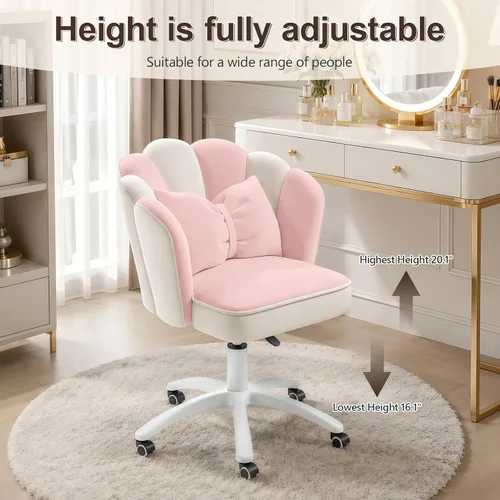 Miniatura 4 de Silla de tocador con ruedas Silla de escritorio de terciopelo con pétalos Silla de oficina en casa tapizada y copetada para mujeres y niñas, silla