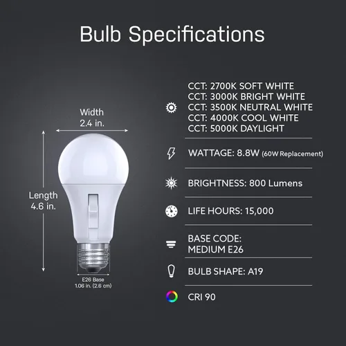 Miniatura 3 de Bombilla LED con sensor de movimiento Feit Electric, A19 equivalente a 60 W, 5CCT, no regulable, base media E26, CRI 90, 800 lúmenes, blanco