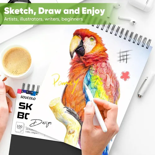 Miniatura 7 de Soucolor - Cuaderno de bocetos de 9 x 12 pulgadas, paquete de 4 de 100 hojas, encuadernado en espiral, libre de ácido (68 libras/100 g/m²), papel