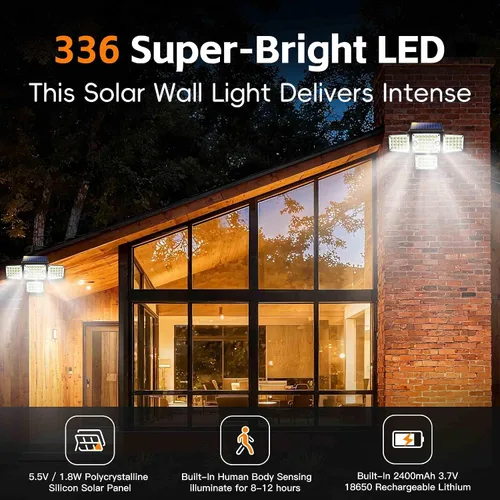 Miniatura 5 de Luces solares para exteriores 336 LED, luz de pared de seguridad con sensor de movimiento con control remoto, diseño ajustable de 4 cabezales