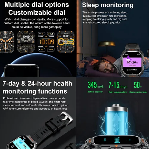 Miniatura 8 de Reloj inteligente militar con auriculares para hombres y mujeres, pantalla táctica de 2 pulgadas, modos deportivos, rastreador de fitness