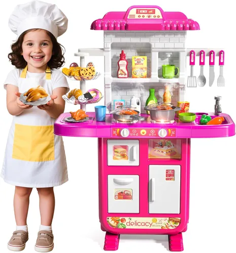 MSKOLER Juego de cocina para niños de 3-6 4-8 años, cocina de juego con luz, sonido y pulverización, accesorios de juguete de fregadero, estufas de