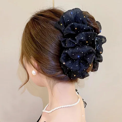 Myhiju Pinza para el cabello, pinza de pelo de tul de malla de gasa negra, clip de lazo de seda de sujeción fuerte para mujeres, accesorios para el