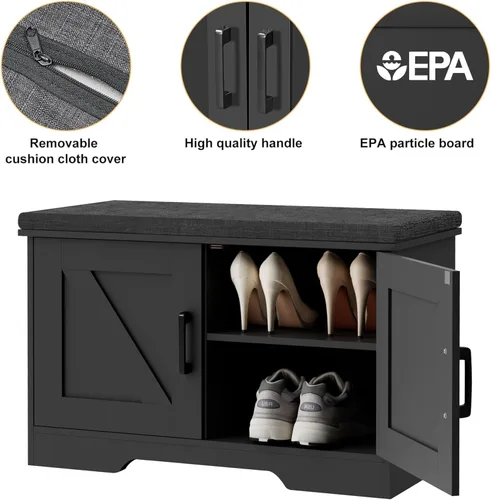 Miniatura 7 de HOMSHO Banca de almacenamiento de 2 niveles, banca para zapatos de 70 cm de ancho con cojín de asiento acolchado, banca de entrada con 2 puertas