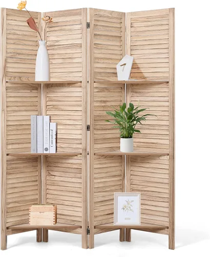 Divisor de habitación de 4 paneles con 3 estantes de almacenamiento extraíbles, pantalla de privacidad plegable de 5.6 pies, divisor de pared