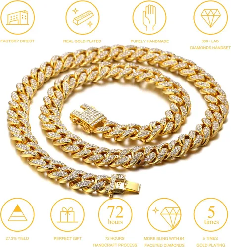 Miniatura 6 de Halukakah HOLLYWOOF - Collar de perro – Cadena de eslabones cubanos chapada en oro, lujoso auricular de diamantes y 0.551 in de grosor, tamaño 24