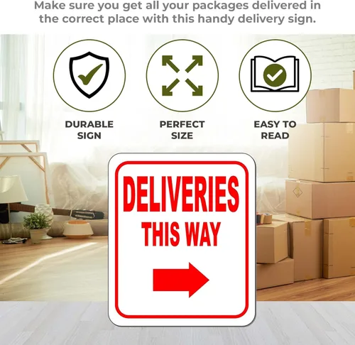 Miniatura 2 de Deliveries This Way con flecha derecha, letrero compuesto de aluminio, instrucciones de entrega para mis paquetes de Amazon, FedEx, USPS, UPS