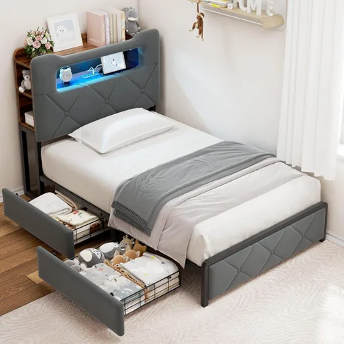 Miniatura 12 de Base de cama LED tapizada tamaño Queen con 2 cajones de almacenamiento y cabecera de almacenamiento de 2 niveles, cama de plataforma de terciopelo